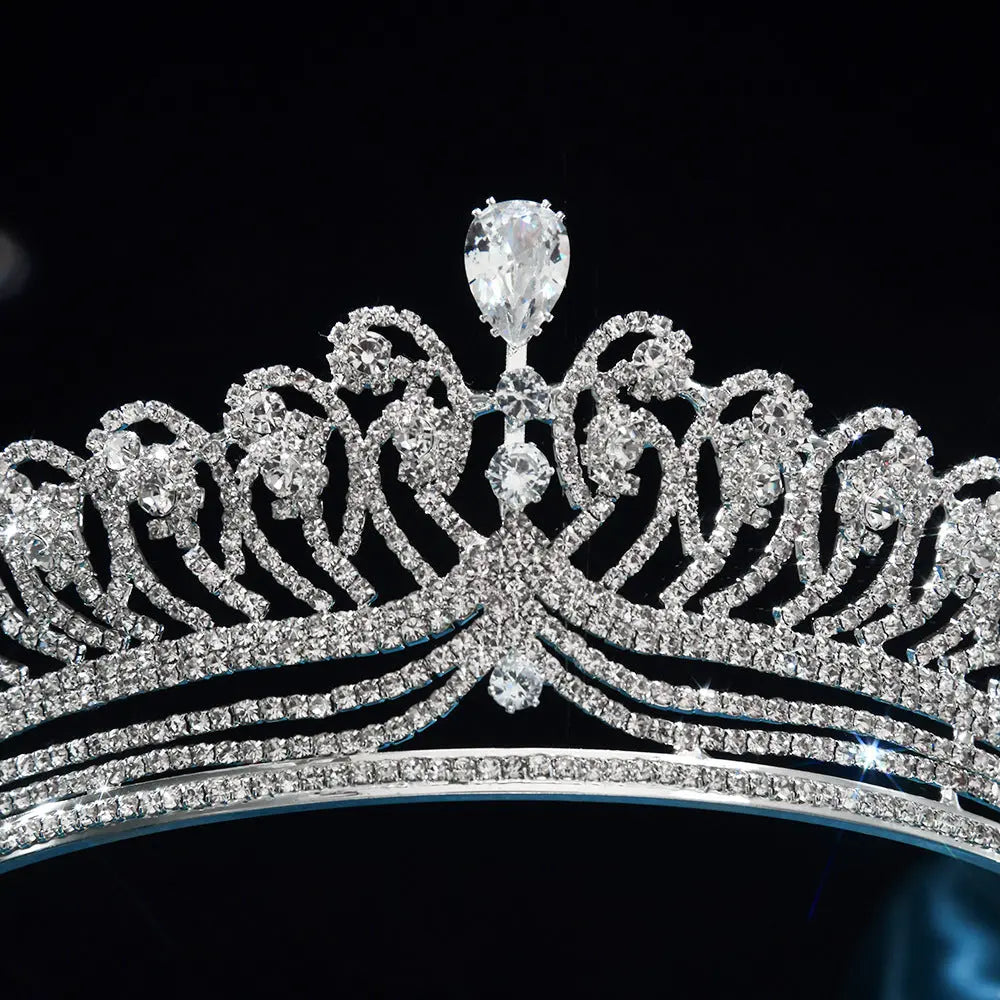 Sparkling Vintage Crystal Princess Tiara Crown Pear Cut Drop Silver Bridal Headband HP029