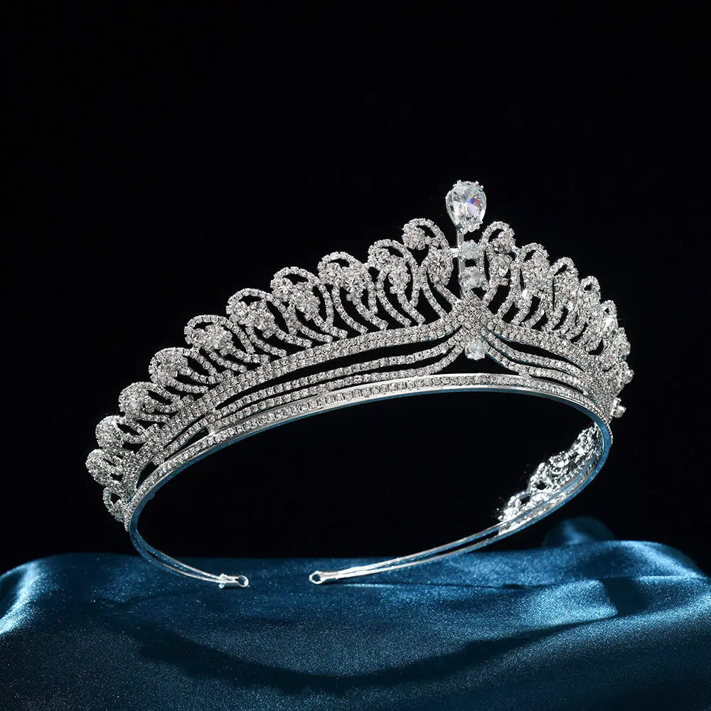 Sparkling Vintage Crystal Princess Tiara Crown Pear Cut Drop Silver Bridal Headband HP029-5