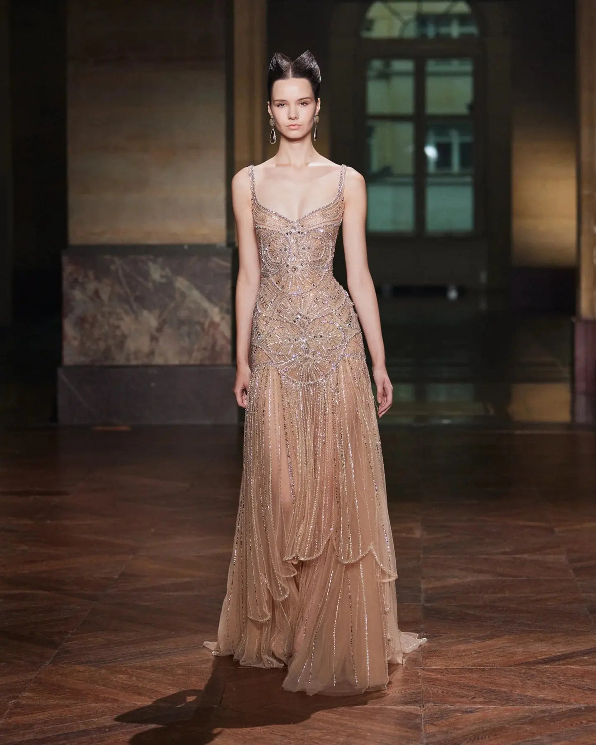 Elegant Champagne Ruffled Beaded Evening Dress SS552 