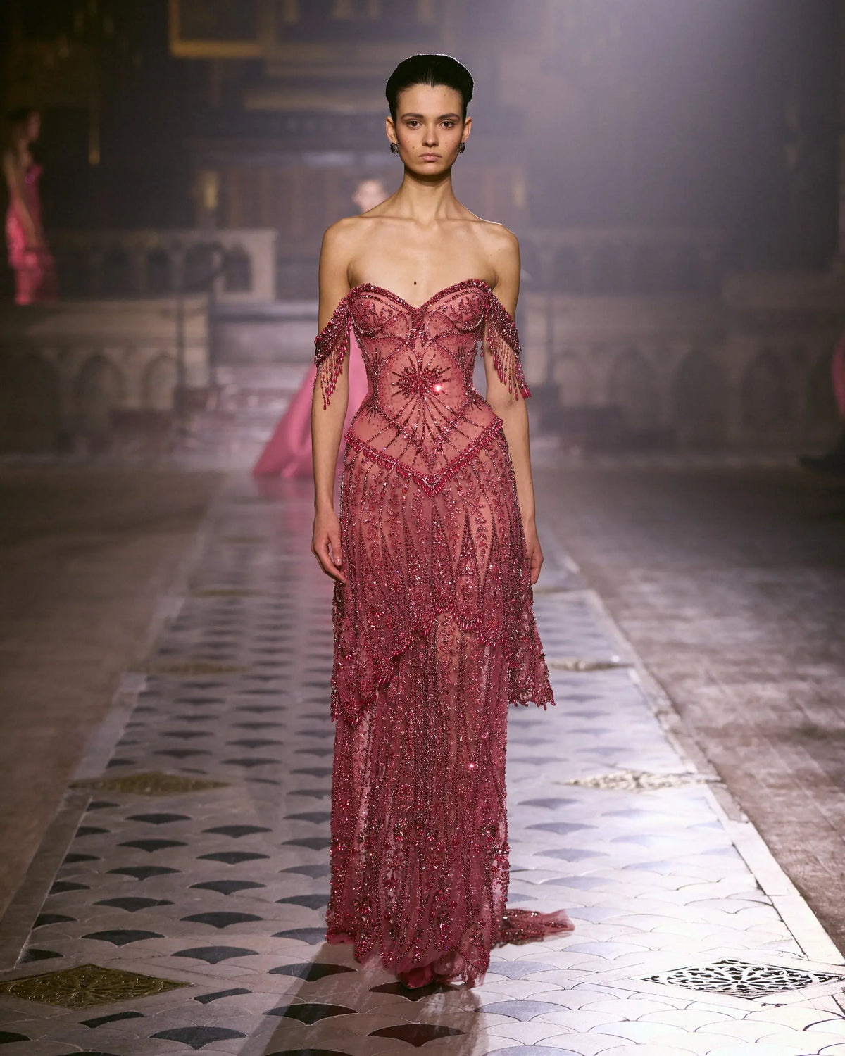 Fuchsia Beading Tassel Off-Shoulder Sleeves Evening Dresses SS516