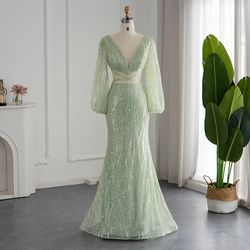 Luxury Beaded Long Sleeves Sage Green Prom Dress RM033