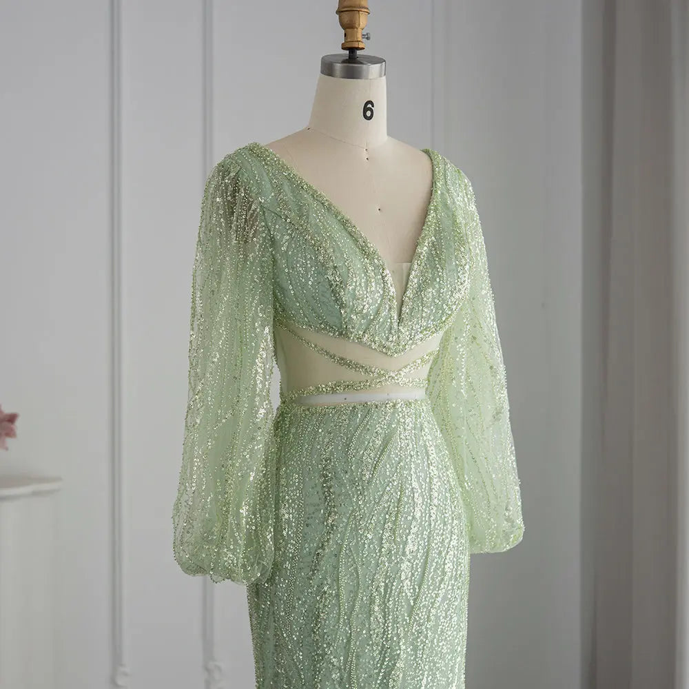 Luxury Beaded Long Sleeves Sage Green Formal Dress RM033 Luxury Beaded Long Sleeves Sage Green Formal Dress RM033