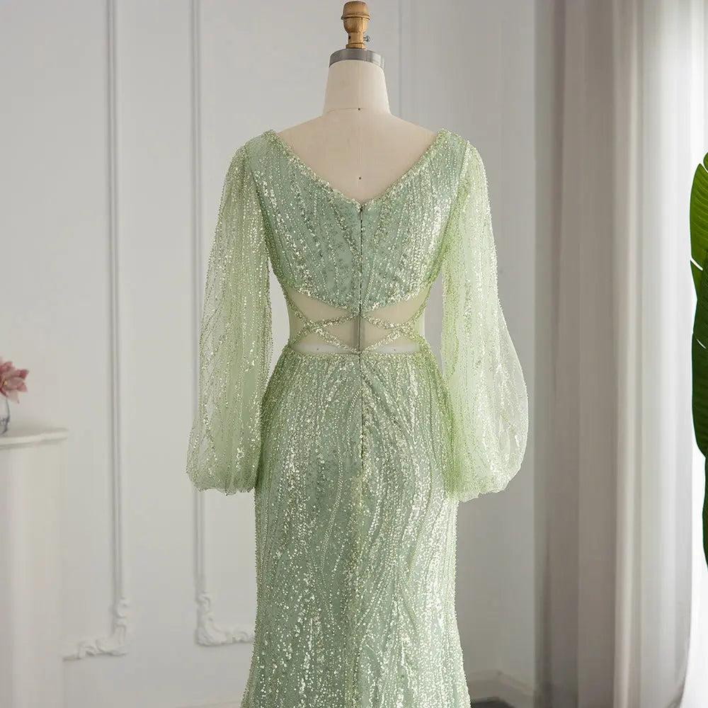 Luxury Beaded Long Sleeves Sage Green Formal Dress RM033 Luxury Beaded Long Sleeves Sage Green Formal Dress RM033