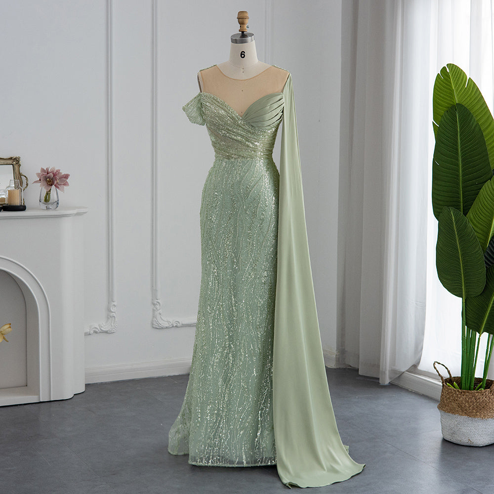 Luxury Beaded Green Mermaid Prom Dress with Cape Sleeve RM034