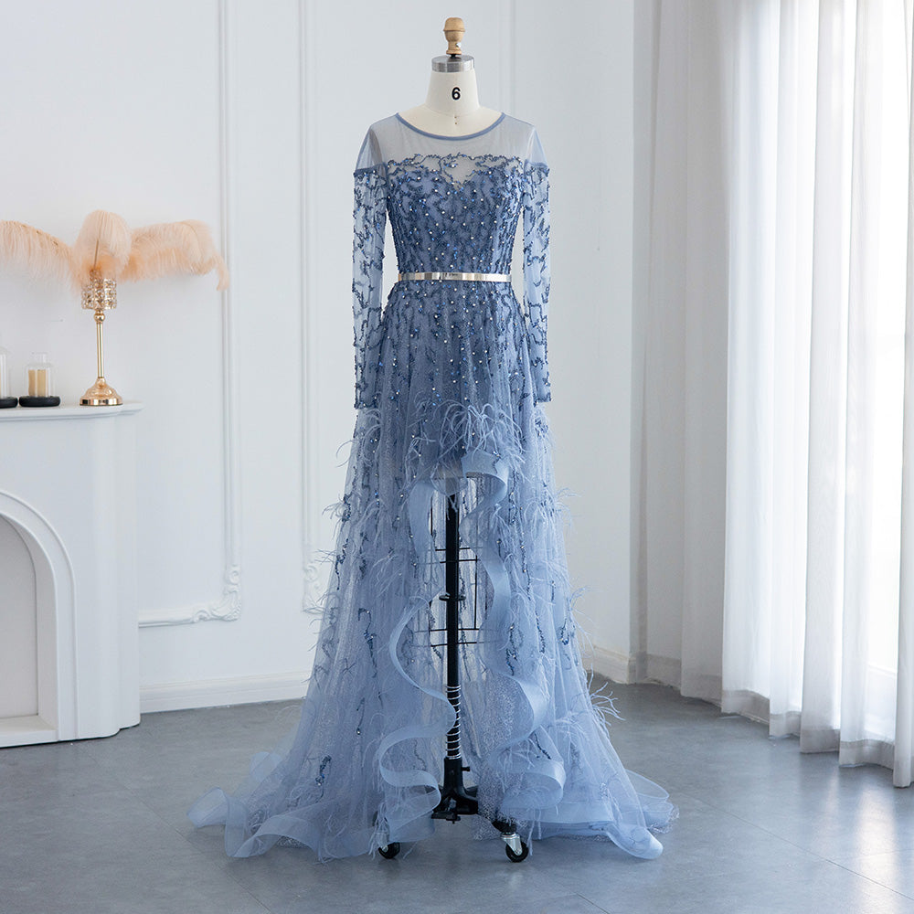 Dubai Blue Feathers High Low Evening Dress for Wedding Party SS111