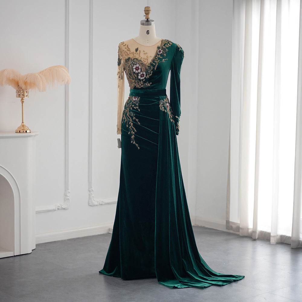 Sharon Said Emerald Green Velvet Mermaid Evening Dresses Black Long Sleeve Luxury Dubai Arabic Women Wedding Formal Dress SS477