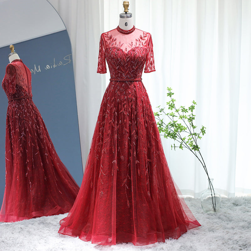 Sharon Said Luxus Burgunder Dubai Abendkleider für Frauen Hochzeit Party Plus Größe Silber Nude Lange Formale Gastkleider SS037
