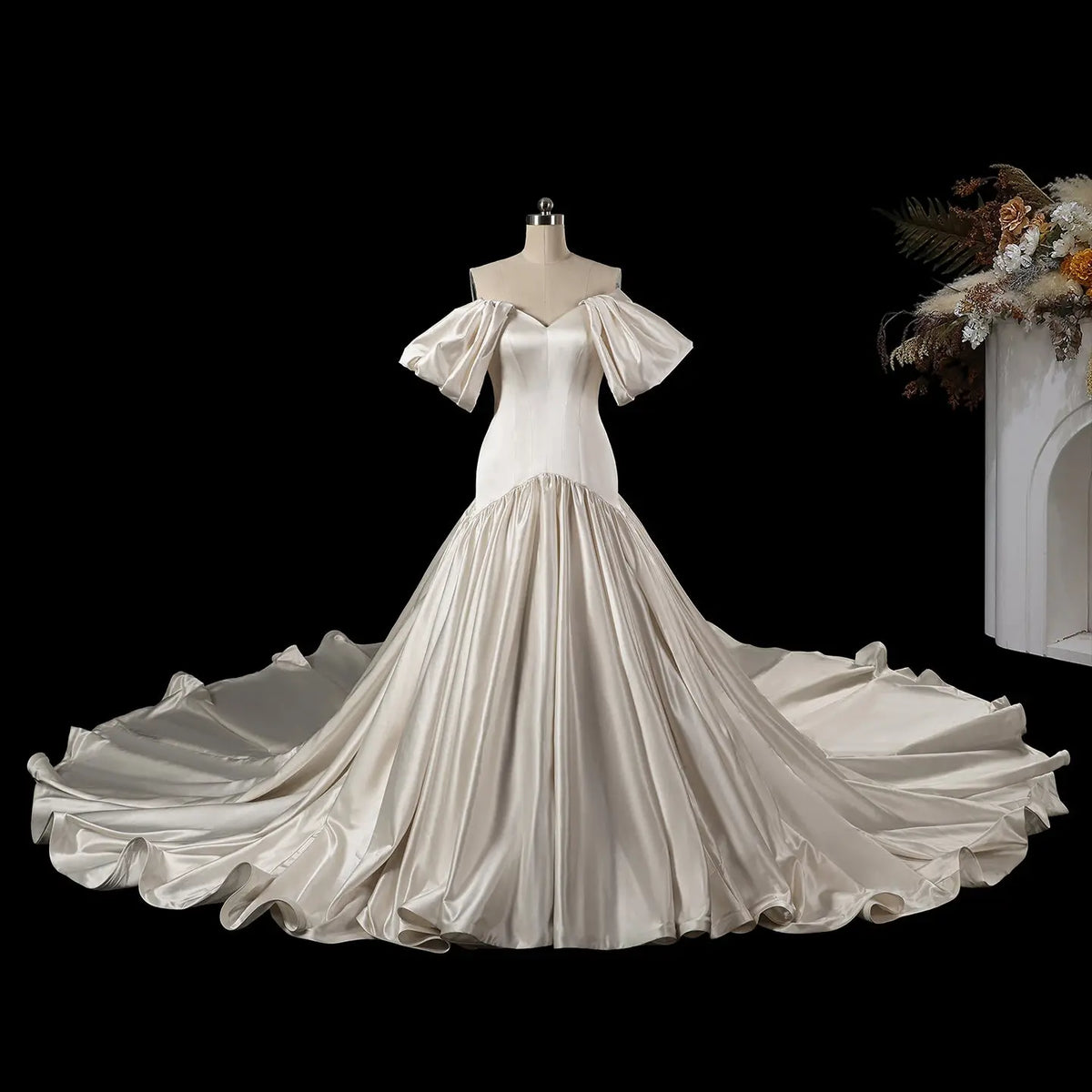 White Satin Puff Sleeve Ball Gown Wedding Dress SW192