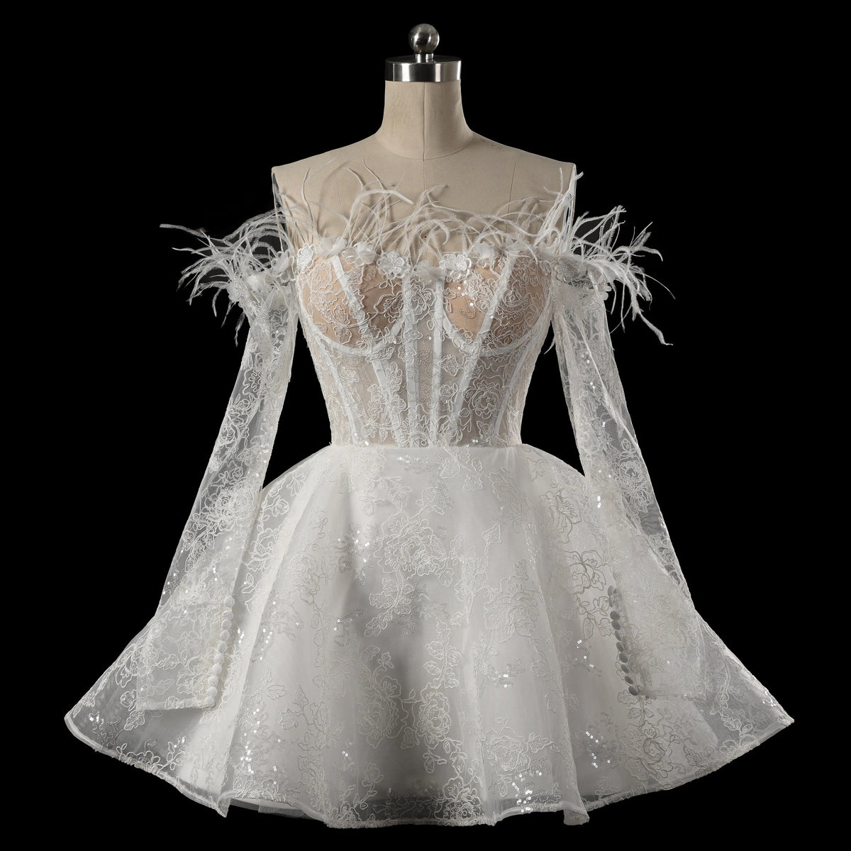 Elegant White Off-Shoulder Feather Lace Corset Mini Wedding Dress SW717