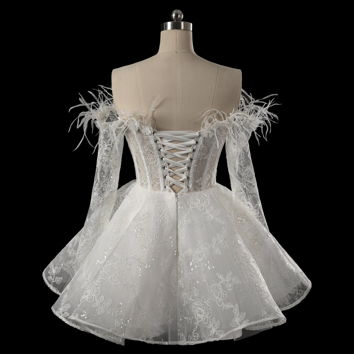 Elegant White Off-Shoulder Feather Lace Corset Mini Wedding Dress SW717 Elegant White Off-Shoulder Feather Lace Corset Mini Wedding Dress SW717