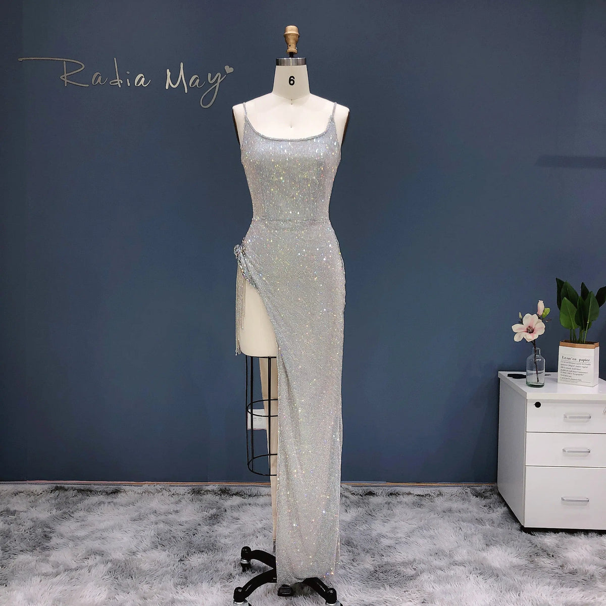 Luxury Crystal Tassels Spaghetti High Slit Cocktail Dress RM019 