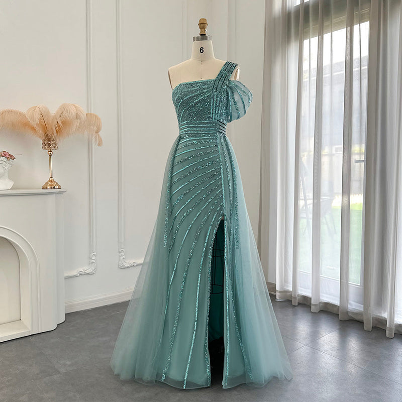 Luxury Green One Shoulder Evening Dress with Overskirt SS016