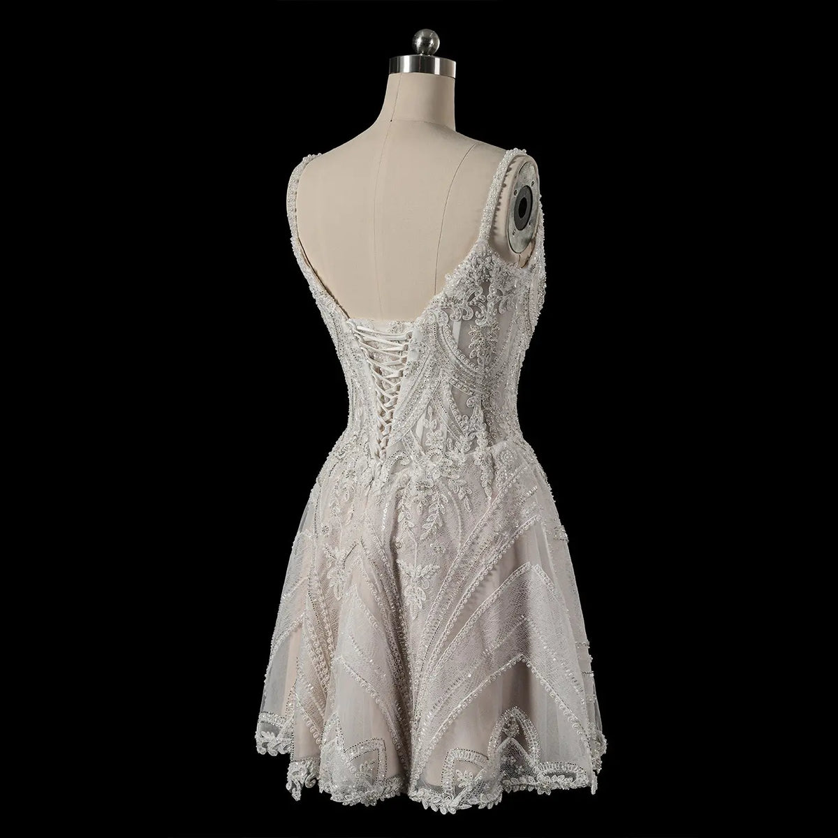 Luxury White Beaded Lace Short Wedding Dress with Lace-Up Corset Back SW707