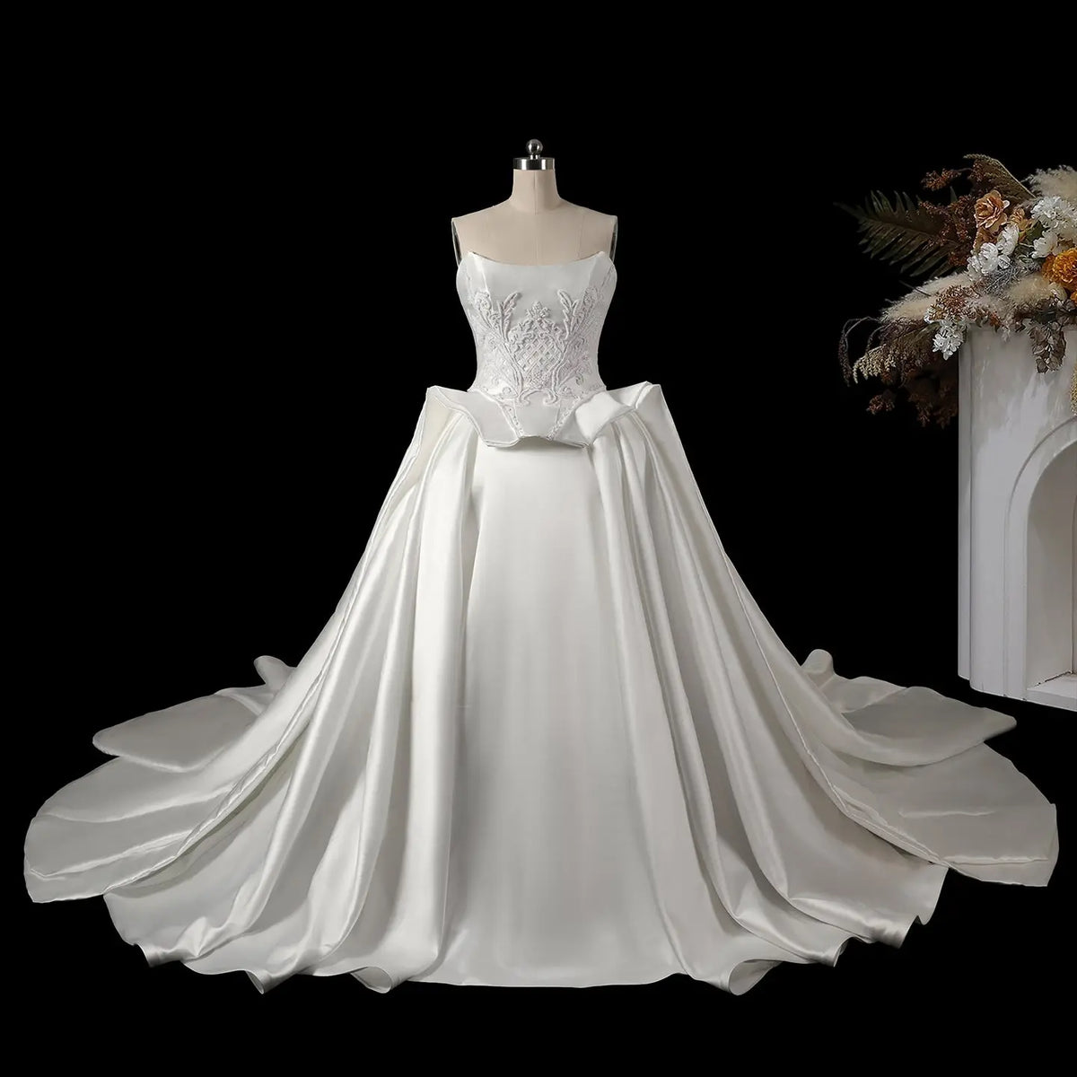 White Beaded Ball Gown Satin Wedding Dress SW599