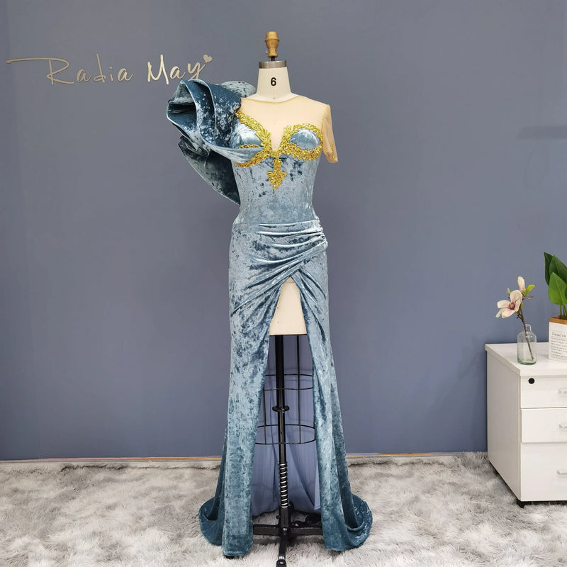 Blue High Slit Velvet Mermaid Cocktail Party Dress RM030 