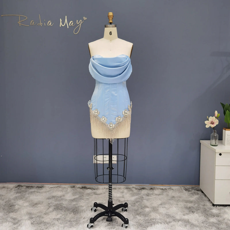 Luxury Crystal Tassel Strapless Blue Short Cocktail Dress RM010 