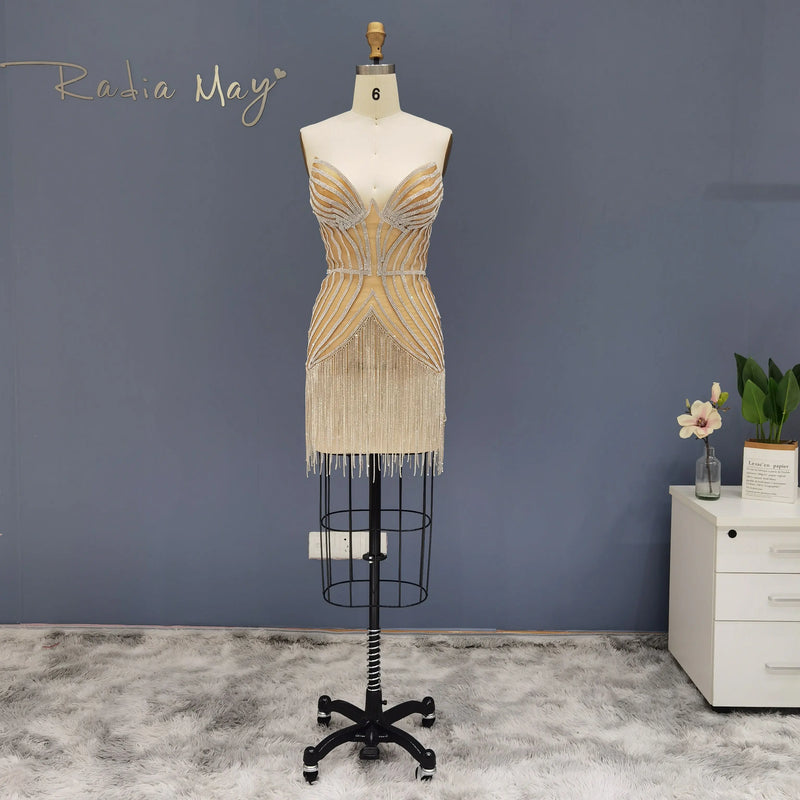 Luxury Beading Tassels Strapless Short Cocktail Dress RM016 