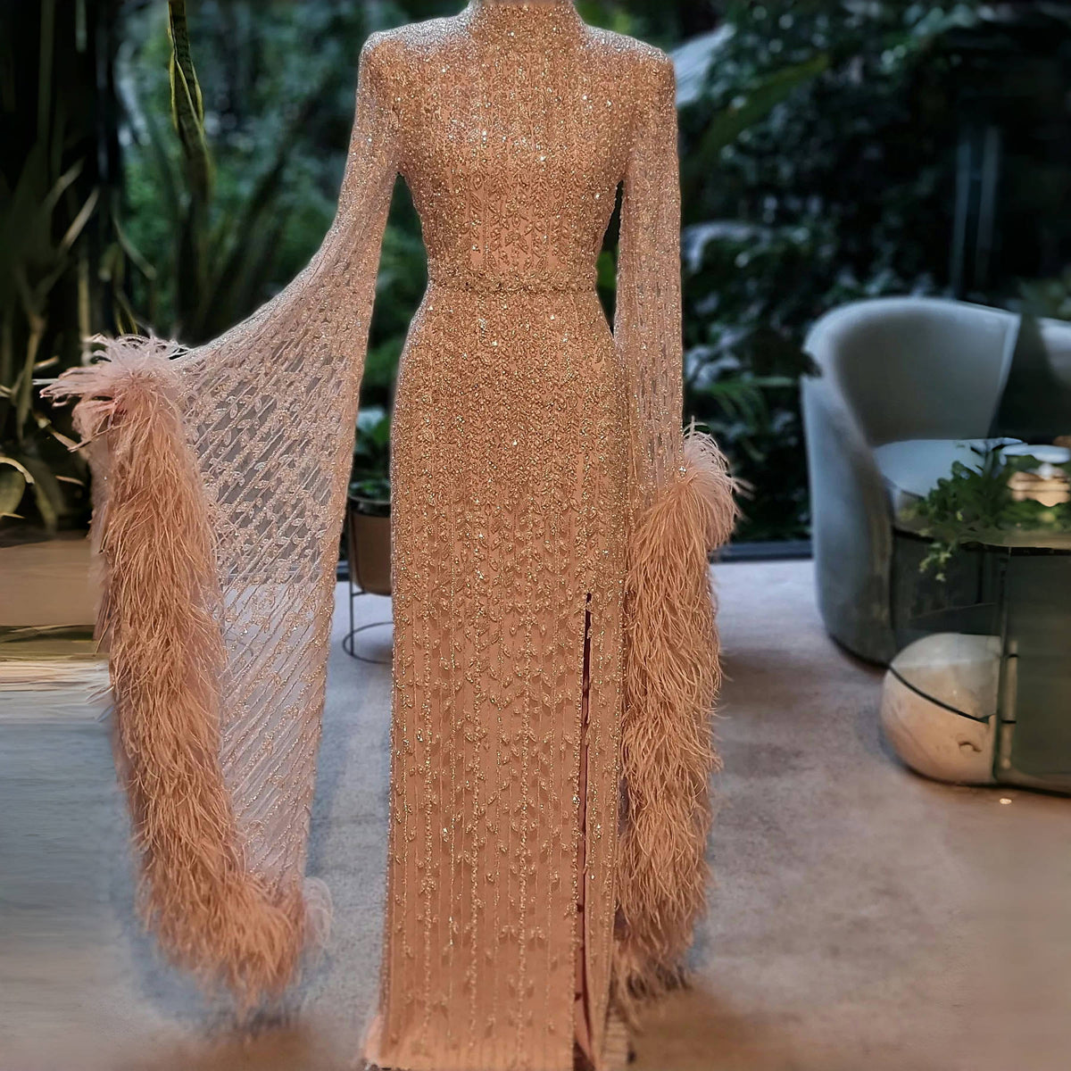 Luxury Rose Gold Evening Dress with Feathered Cape Sleeves SS088