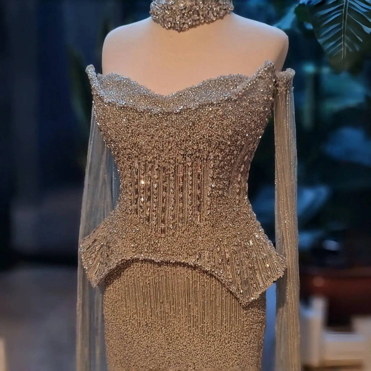 Stunning Gold Crystal Off Shoulder Evening Dress with Cape Sleeves SS558 