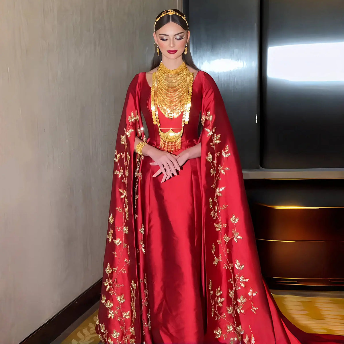 Elegant Red Evening Dress with Gold Floral Embroidery Cape Sleeves SS568 