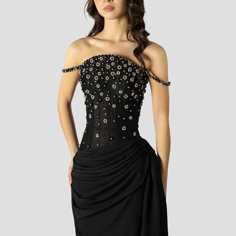Luxury Black Beaded Corset Ruched Mermaid Evening Dress SS248 