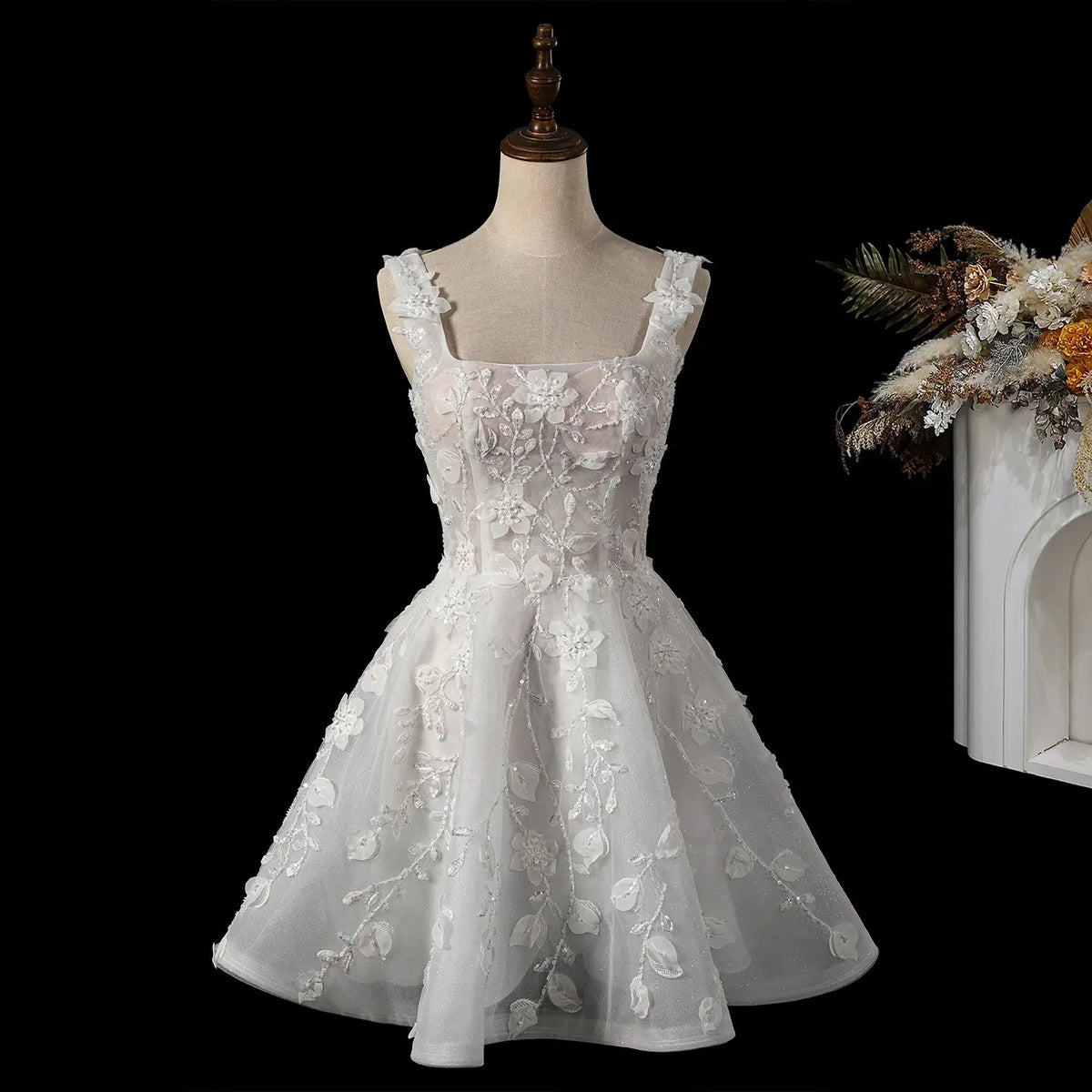 Off White 3D Floral Short Wedding Dress SW722