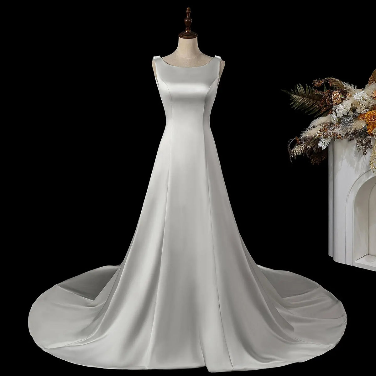 White Sleeveless Satin Wedding Dress SW719