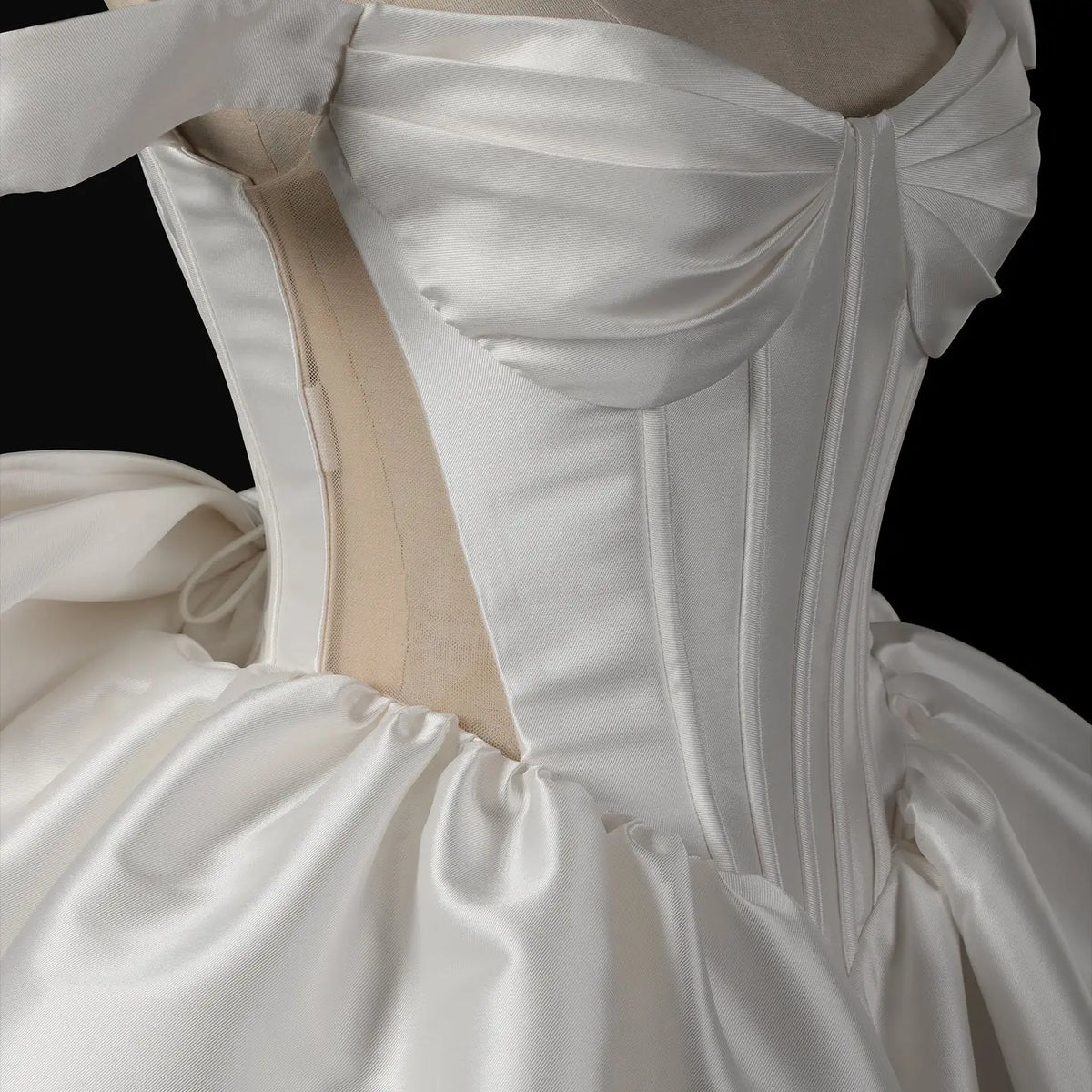satin wedding dress bow Ivory V-Neck Satin Wedding Dress Bow Tie Pearl Outdoor Bridal Gown W0145 Ivory / US4