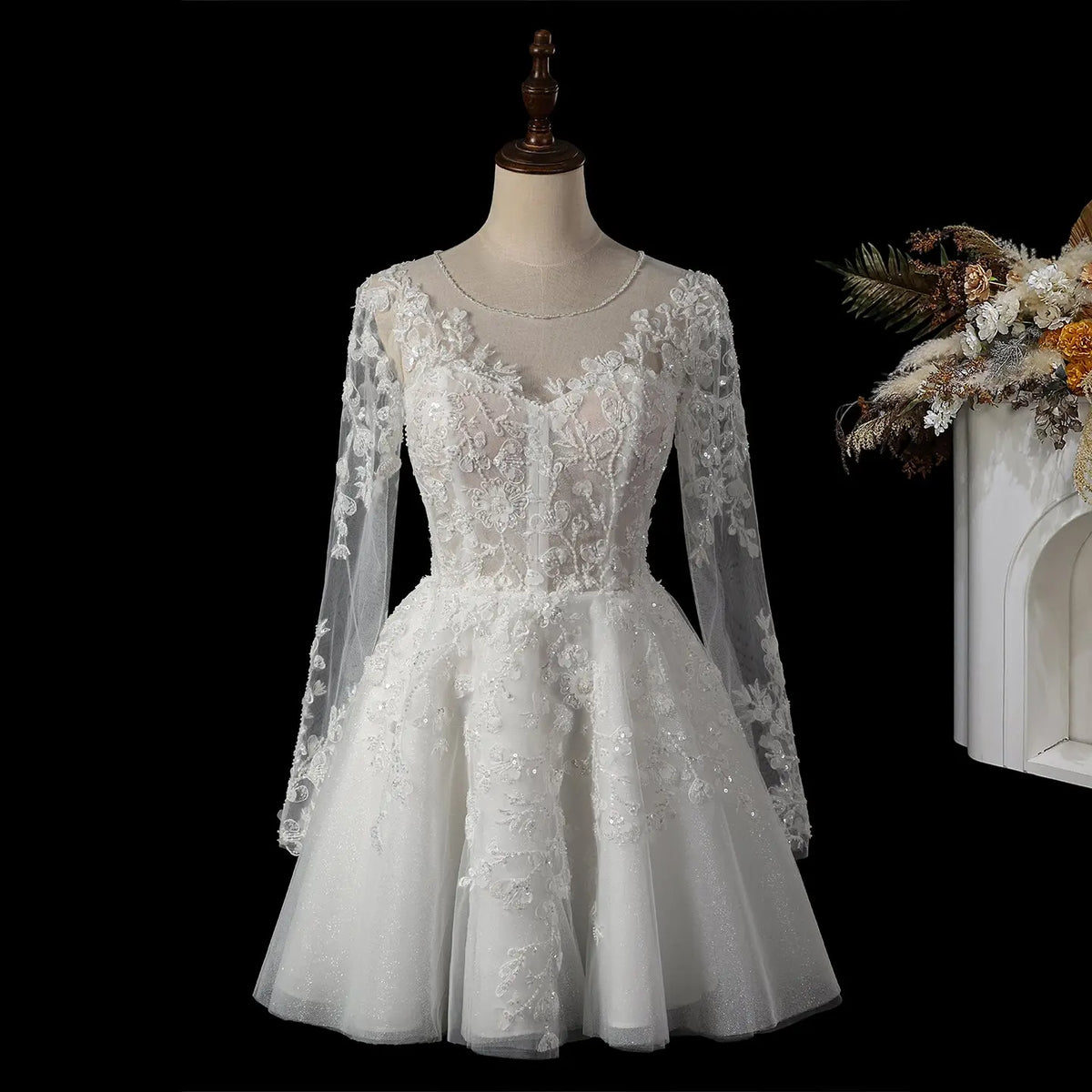Off White Long Sleeve Lace Short Wedding Dress SW721