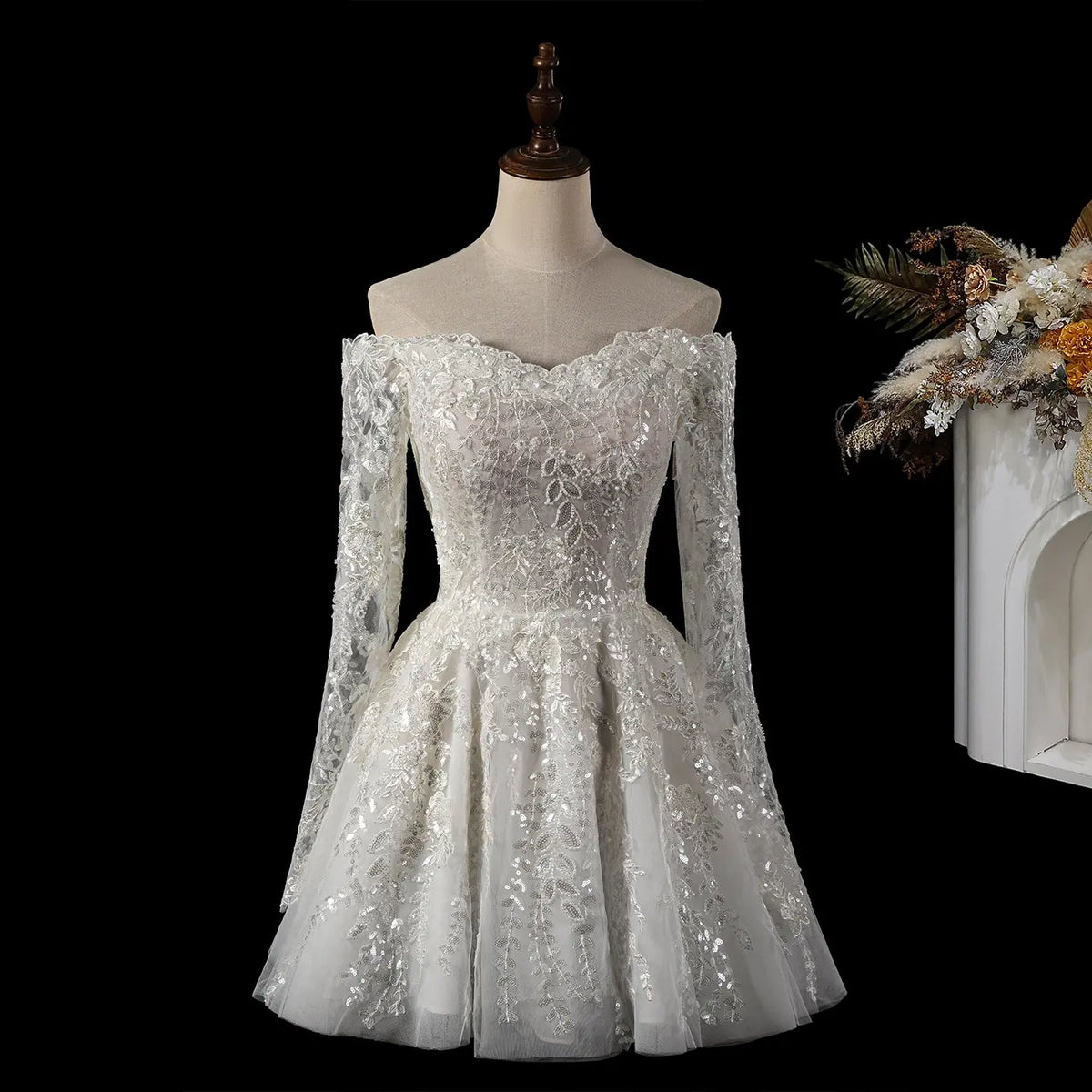 Off White Off Shoulder Lace Short Wedding Dress SW723
