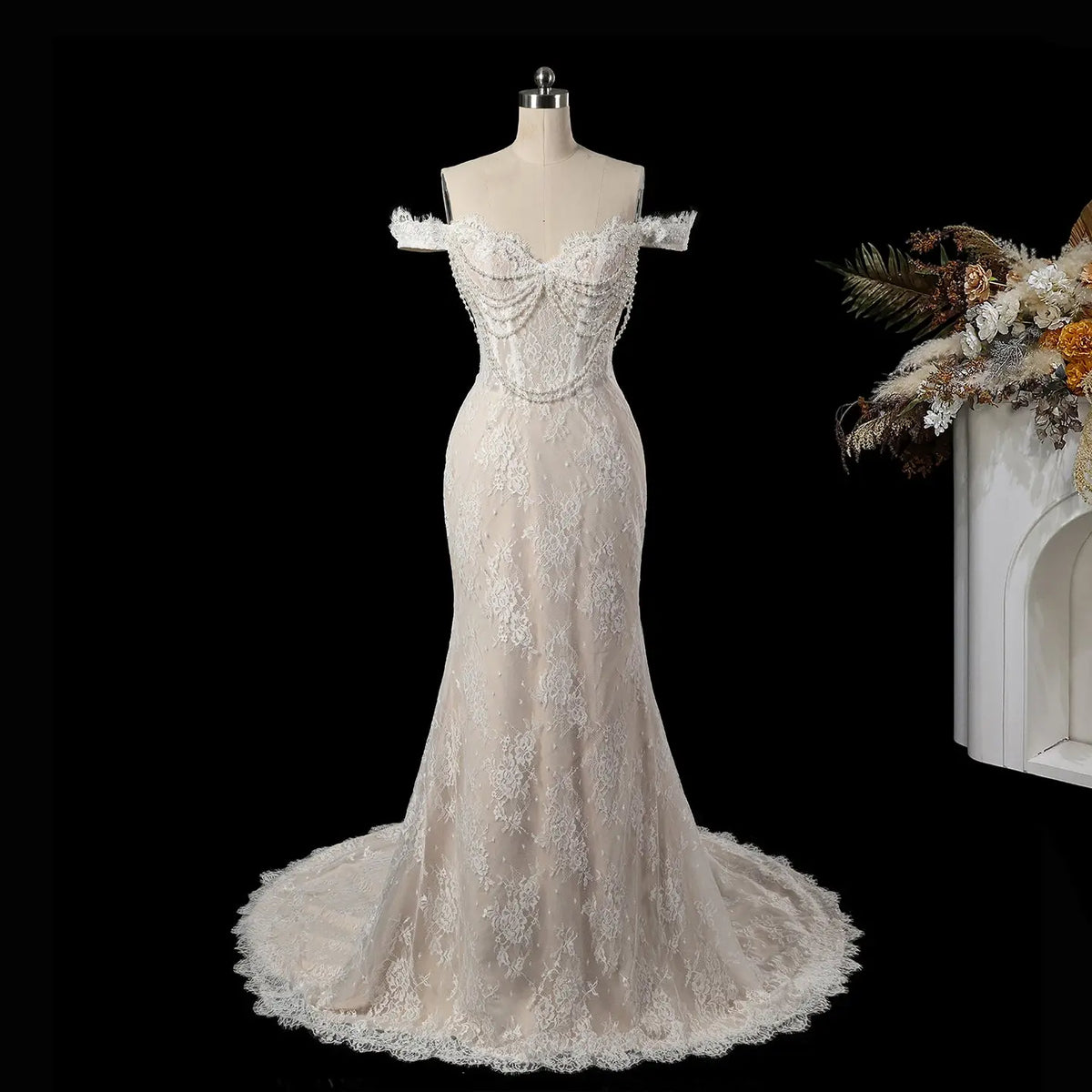 Ivory Beaded Lace Tulle Ball Gown Dress SW177