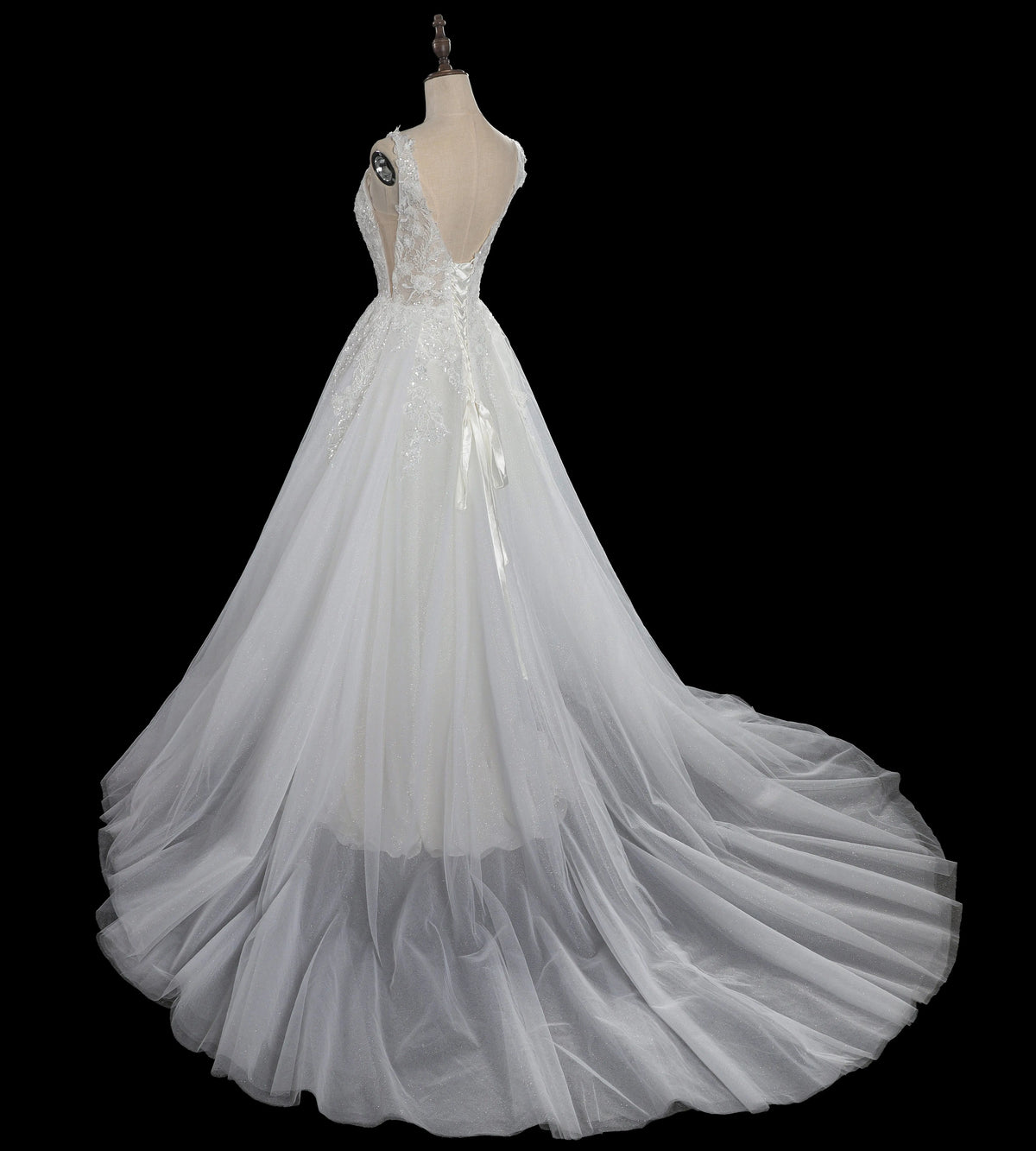Dreamy White Glitter Tulle Wedding Dress with Lace Bodice and Corset B   SHARONSAID