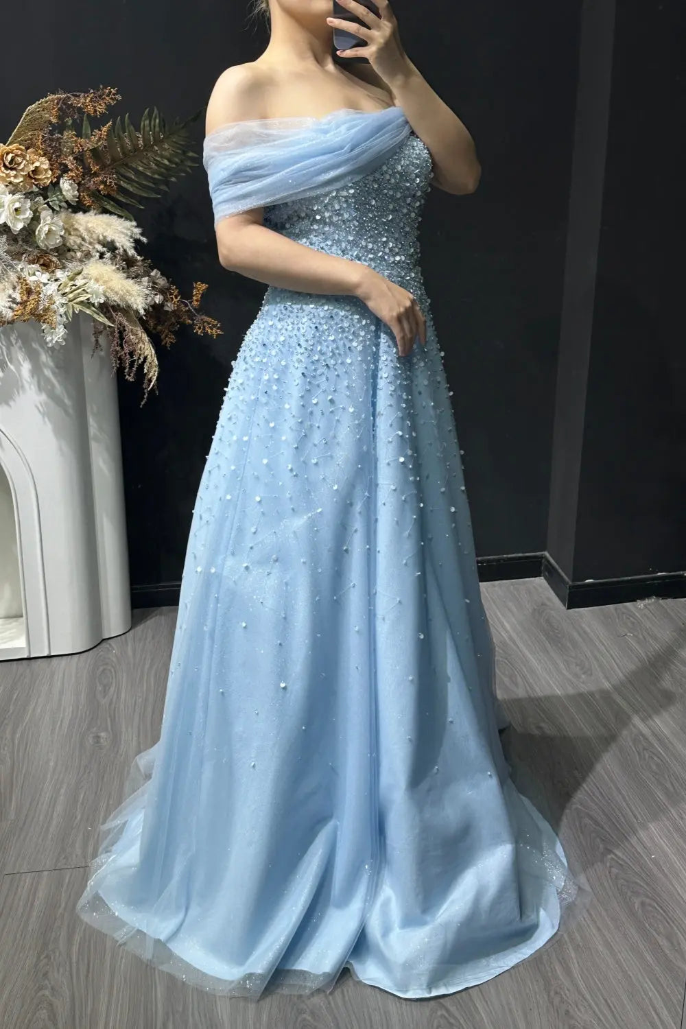 Luxury Beaded Blue Off Shoulder Evening Dress SS510
