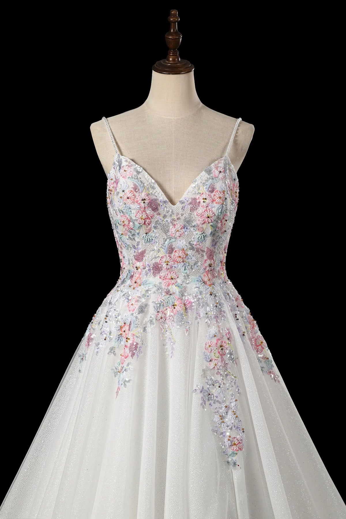 Glamorous Colorful Floral Applique A-Line Tulle Wedding Dress with Tra –  SHARONSAID