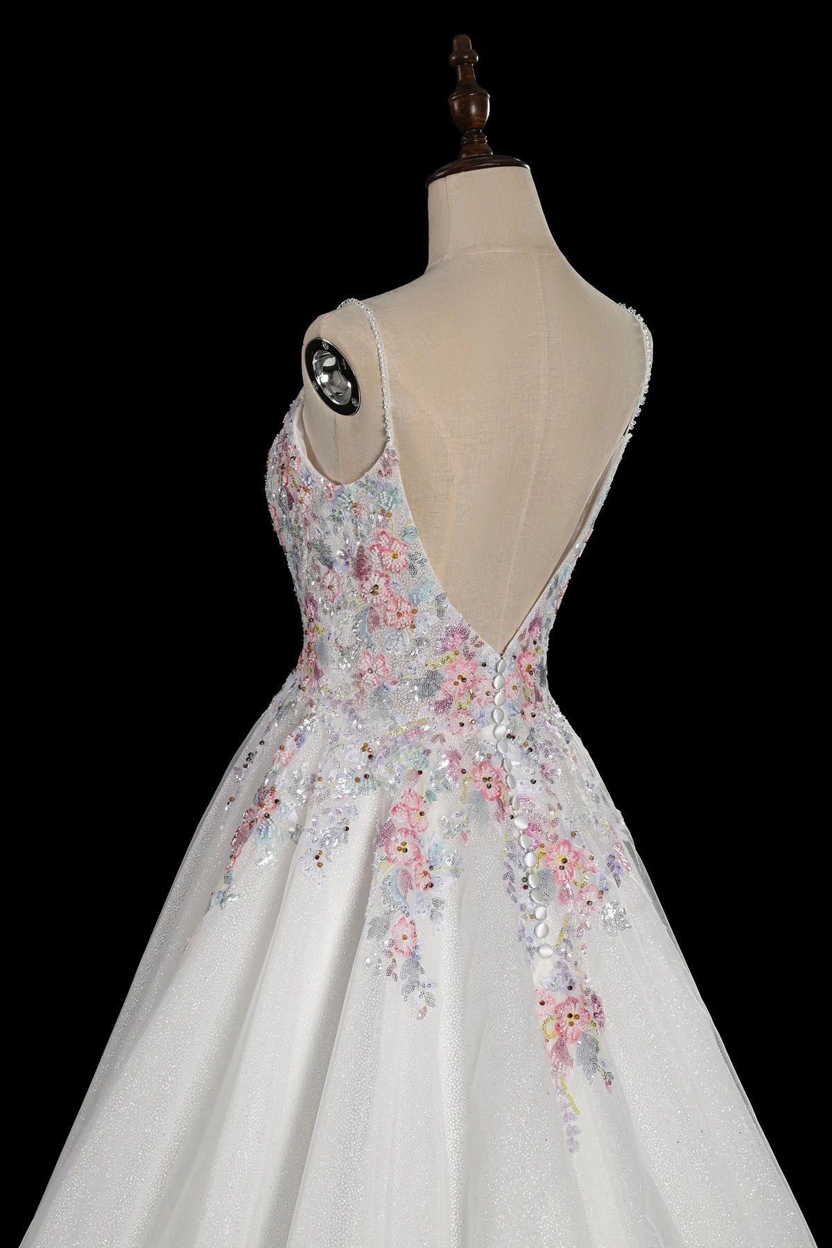 tulle a line wedding dress with floral appliques Tulle A-line Illusion Sleeveless Lace Appliques Wedding Dresses With Train,  MW803 main image 0