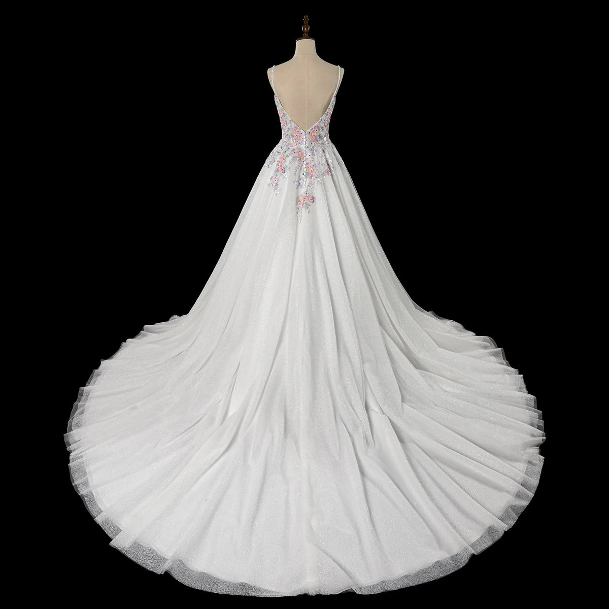 Glamorous Colorful Floral Applique A-Line Tulle Wedding Dress with Tra –  SHARONSAID