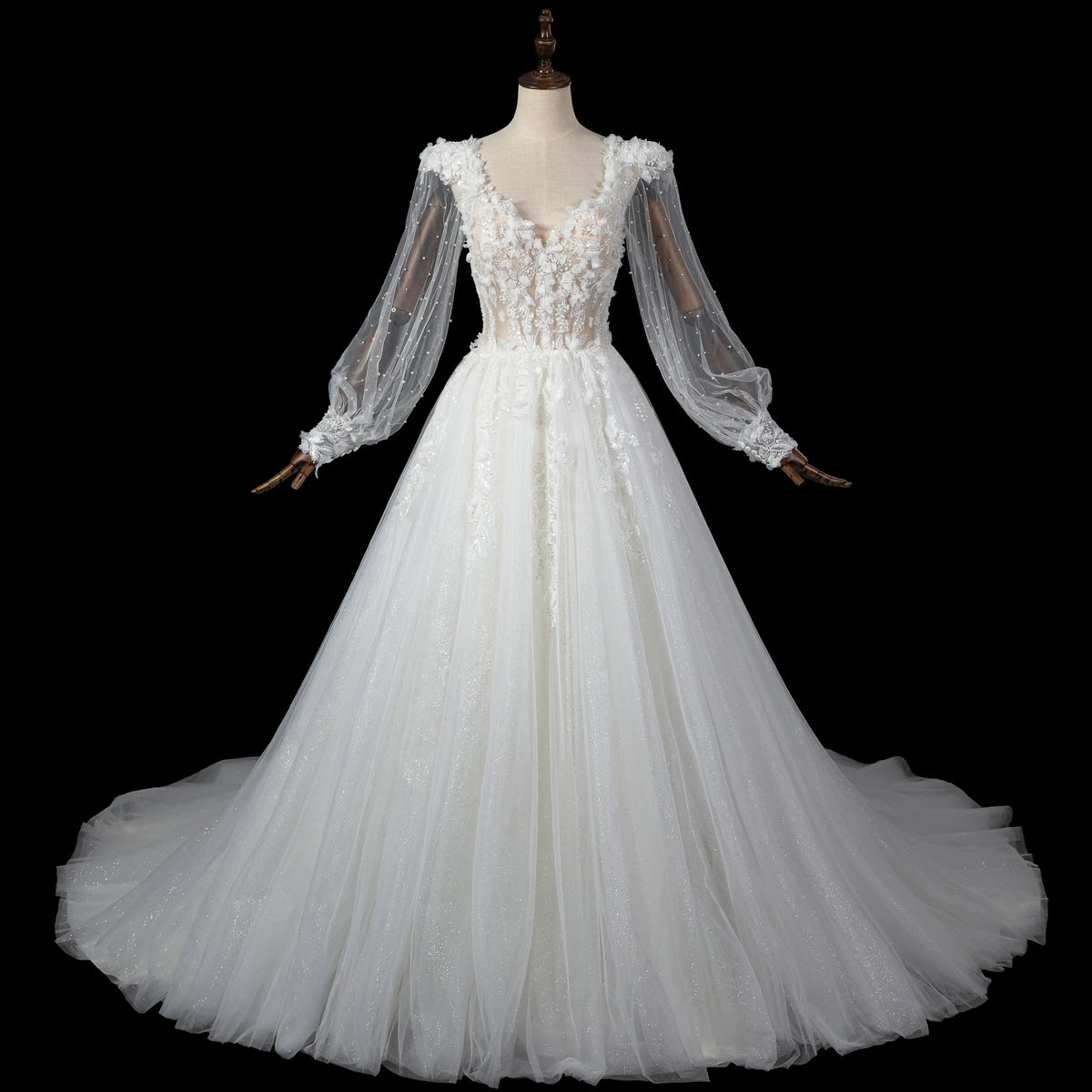 White Long Sleeve V Neck A Line Wedding Dress SW716