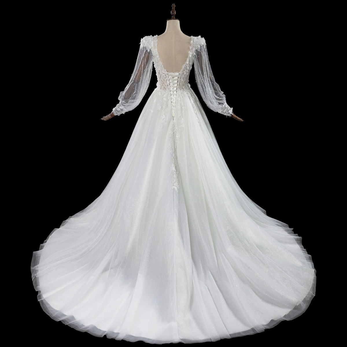 Elegant White V-Neck Long Sleeve Lace-Up Back A-Line Wedding Dress SW716 Elegant White V-Neck Long Sleeve Lace-Up Back A-Line Wedding Dress SW716