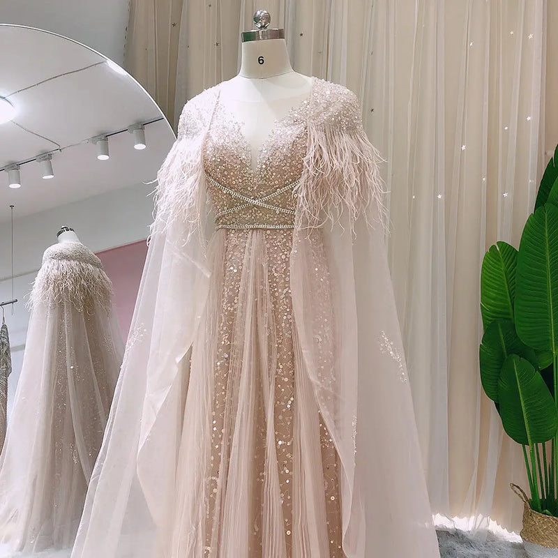 For Sale Silver Evening Dresses with Feather Cape Shawl SS147 