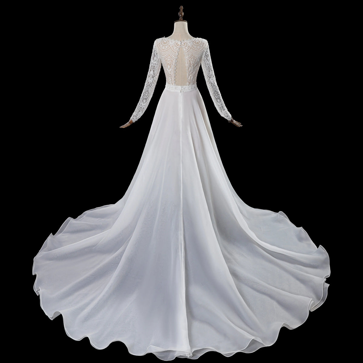 Glamorous Ivory Long Sleeve Lace Wedding Dress with Removable Chiffon   SHARONSAID