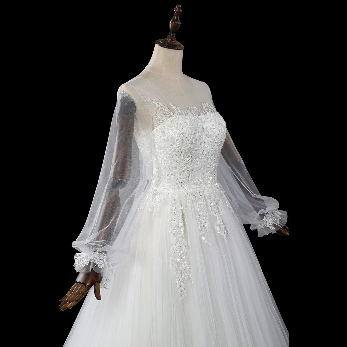 Elegant White Long Sheer Sleeve A-Line Tulle Wedding Dress with Lace A   SHARONSAID