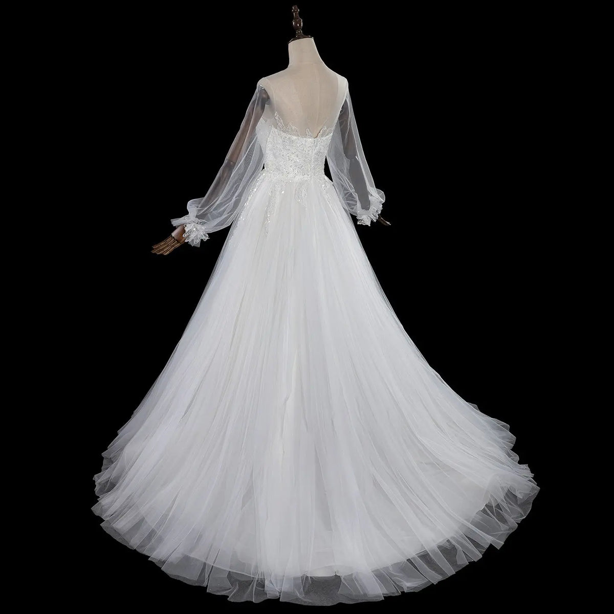 Elegant White Long Sheer Sleeve A-Line Tulle Wedding Dress with Lace A –  SHARONSAID