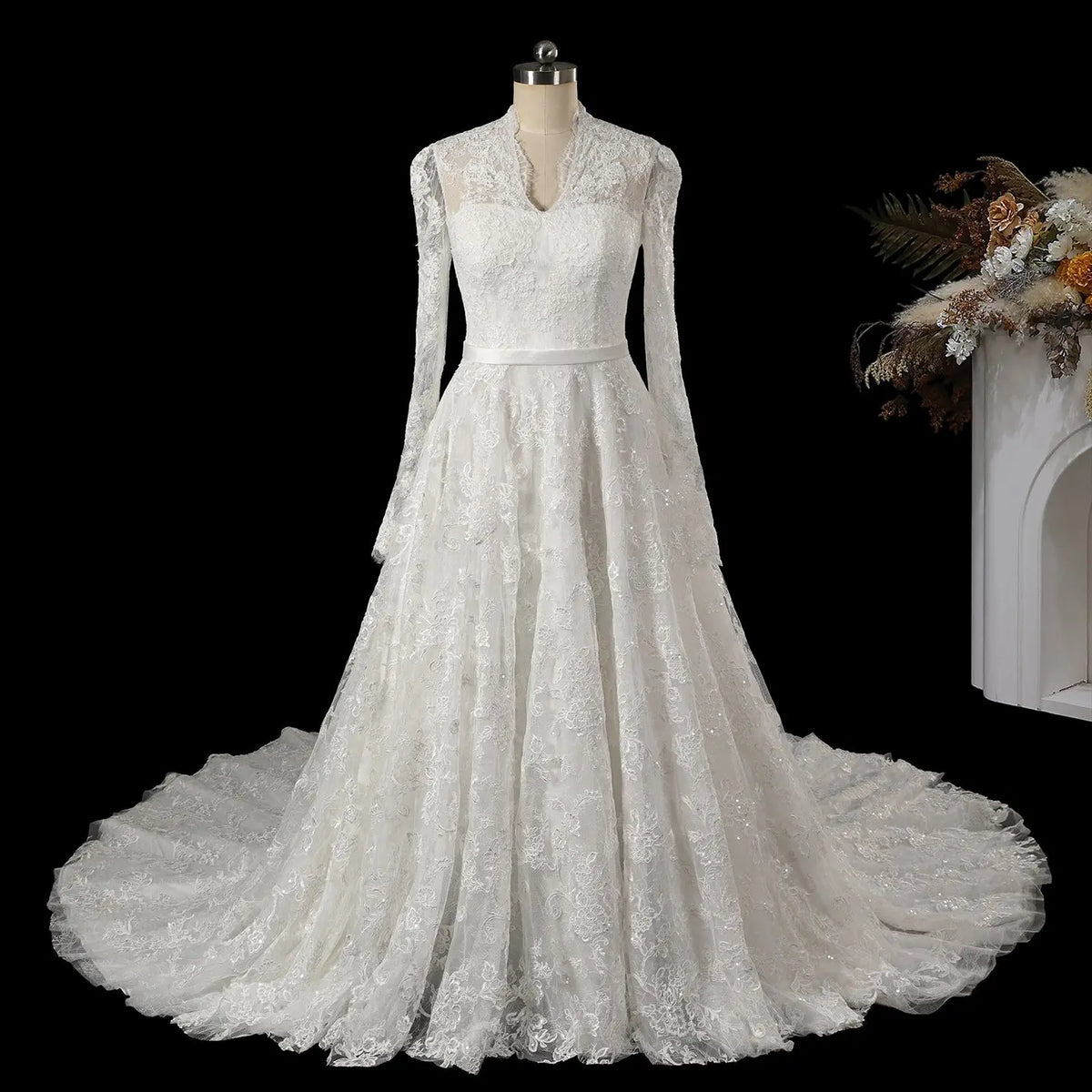 White Printed Lace High Neck Wedding Dress SW537