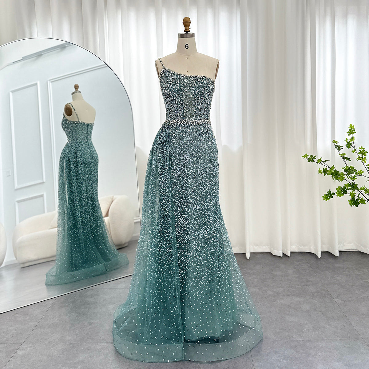 Sparkly Crystal Turquoise One Shoulder Evening Dress SS131