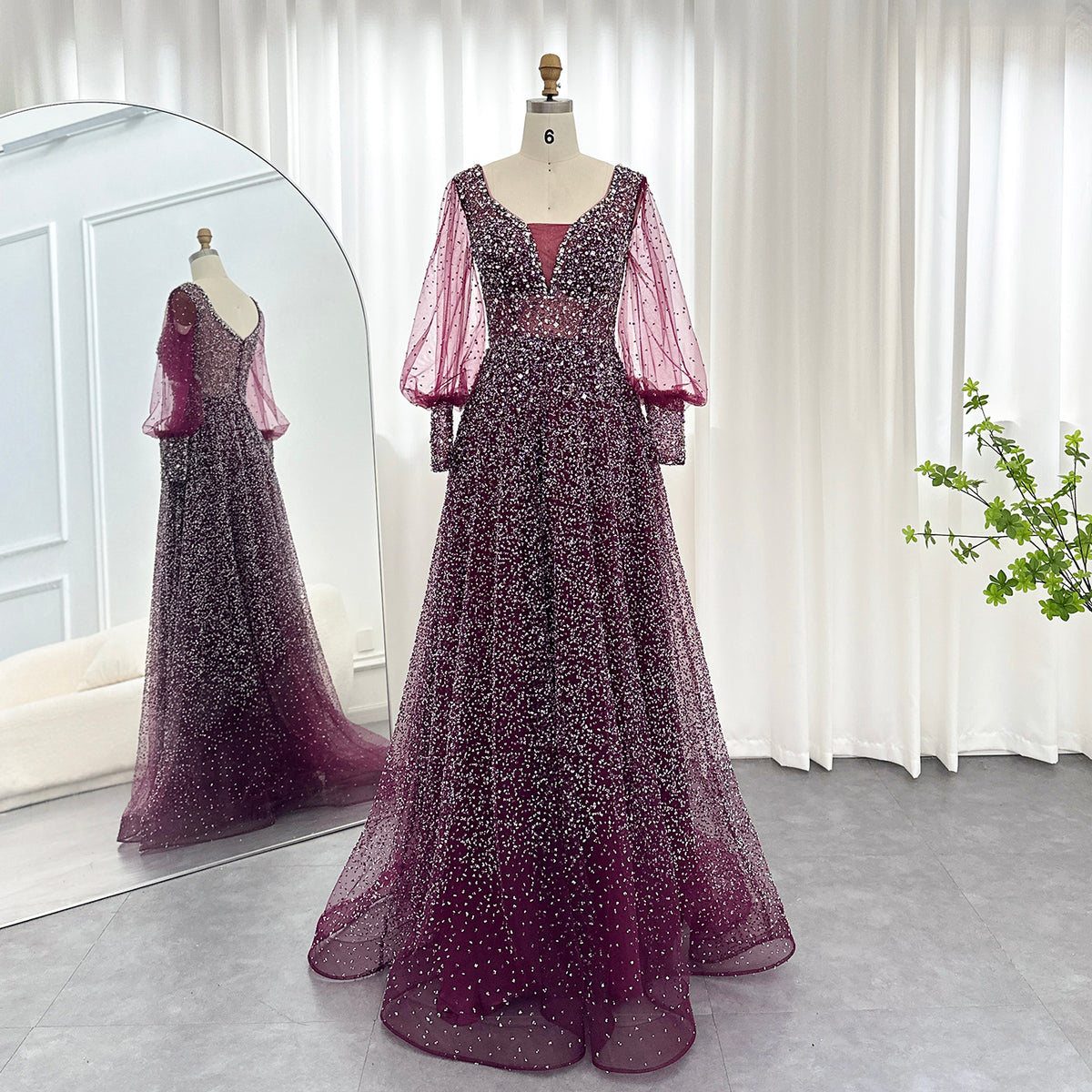 Luxury Rhinestones Purple Long Sleeve Evening Dress SS143