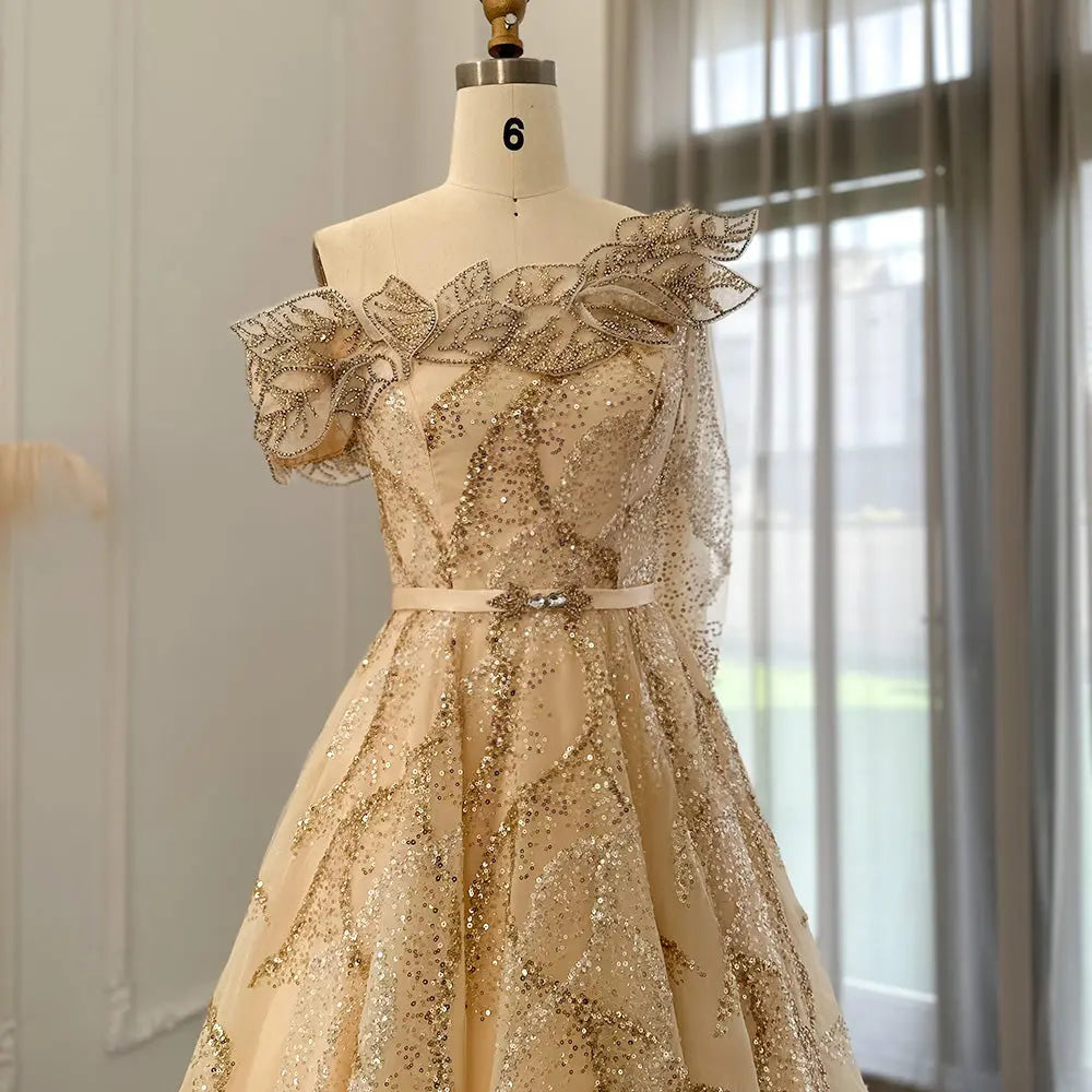 Luxury Ball Gown Gold One Shoulder Evening Dress SS359