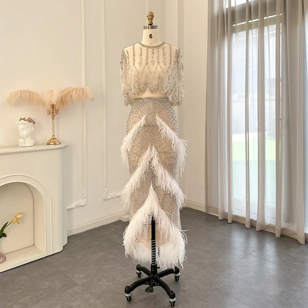Luxury White Feathers Two Pieces Evening Dress SS363 