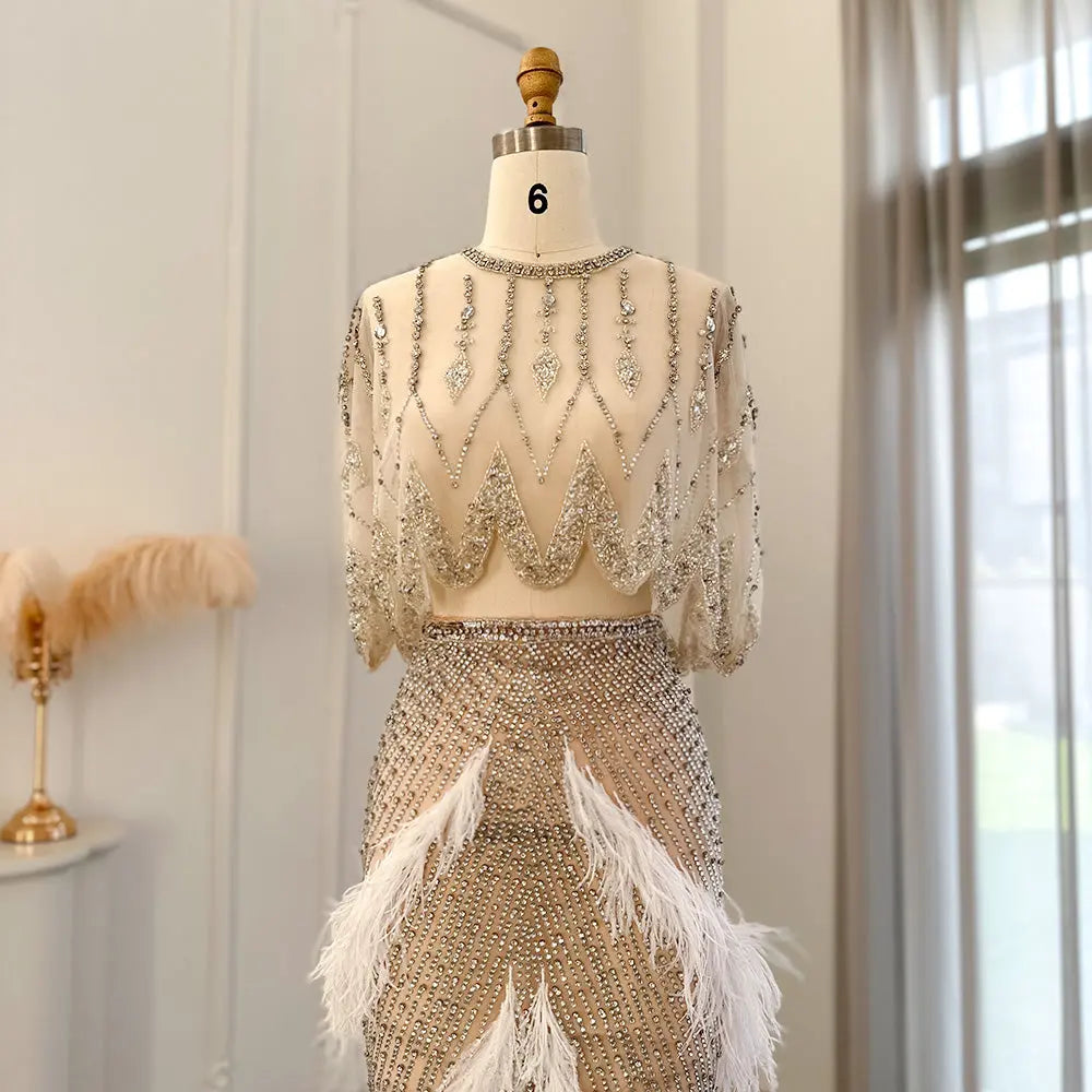 Luxury White Feathers Two Pieces Evening Dress SS363 