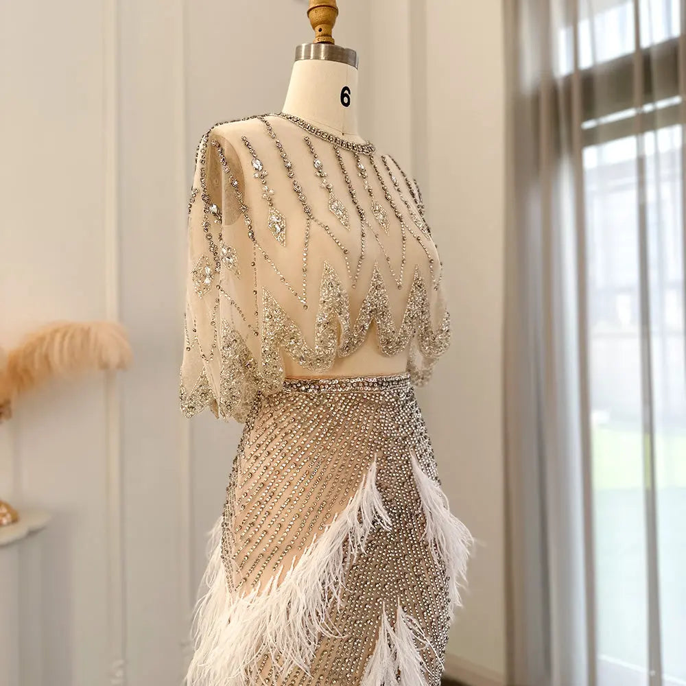 Luxury White Feathers Two Pieces Evening Dress SS363 