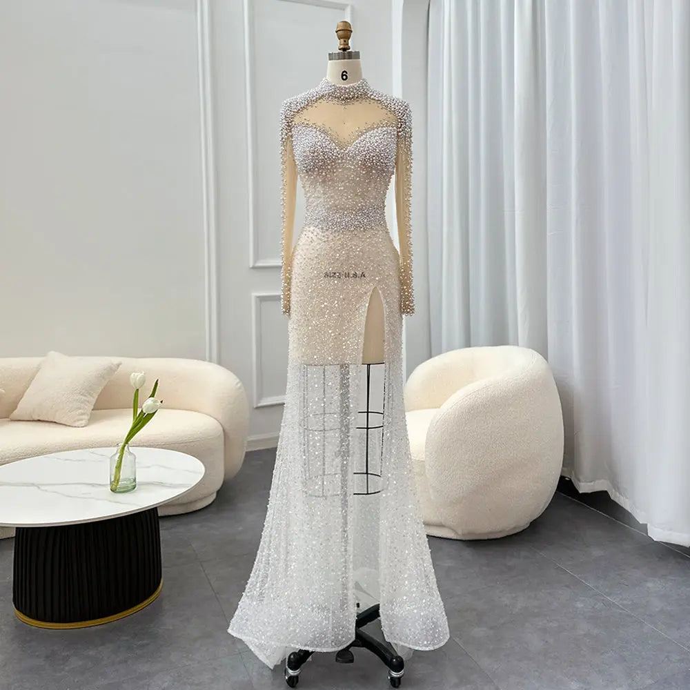 Luxury Pearls Long Sleeves High Slit Cocktail Party Dress SH028 Luxury Pearls Long Sleeves High Slit Cocktail Party Dress SH028